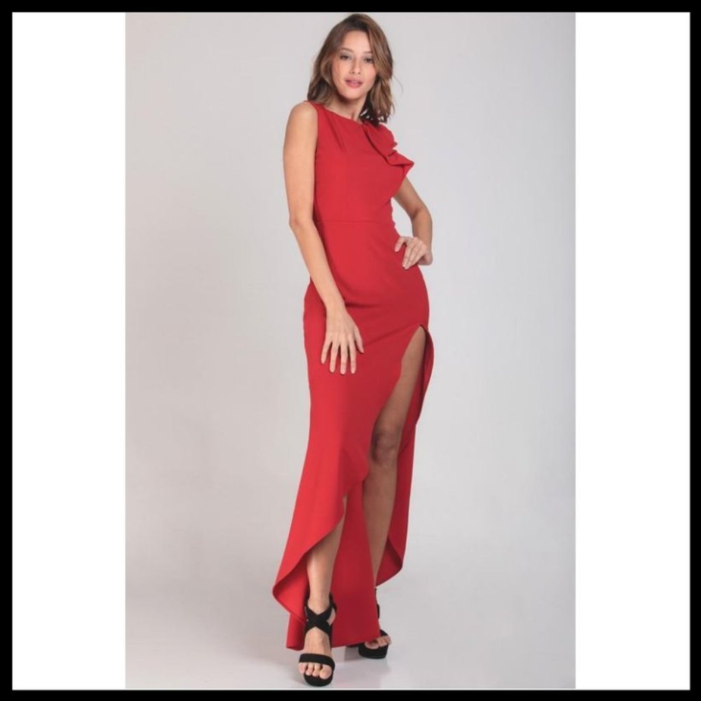 NWT Ruffled Shoulder Maxi Dress Thigh Split SML - Picture 4 of 5